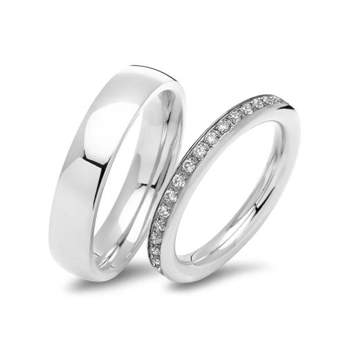 Polished stainless steel wedding rings with stone trim
