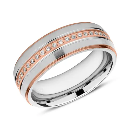 Stainless steel ring rose gold-plated engravable with zirconia