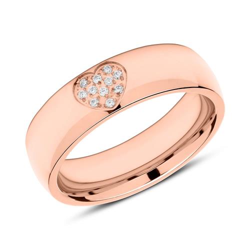 Engravable stainless steel ring heart rose gold plated zirconia