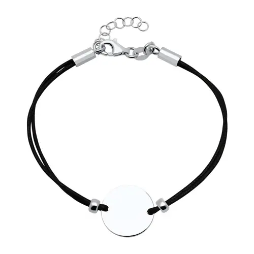 Pulsera textil negra círculo plata 925 grabable