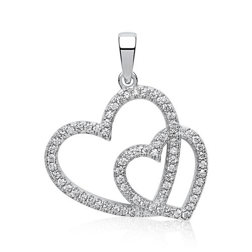 Two hearts zirconia set silver pendant