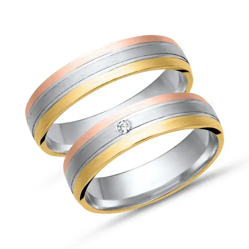 Wedding rings 8ct tricolour gold with diamond