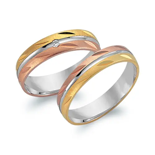 Wedding rings 8ct tricolour gold with diamond