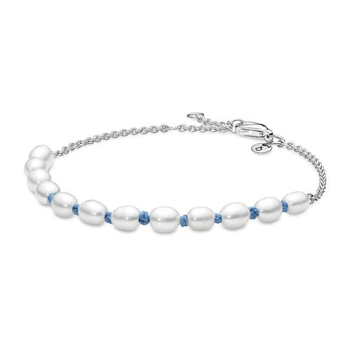 Damenarmband mit Perlen, Textilband, 925er Silber