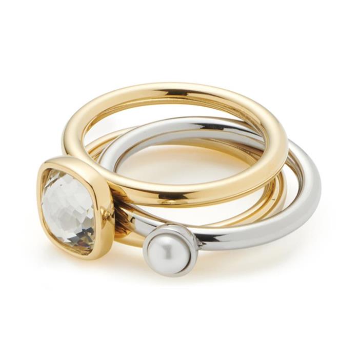 Damen Ring-Set aus Edelstahl mit Glaskristall, IP Gold