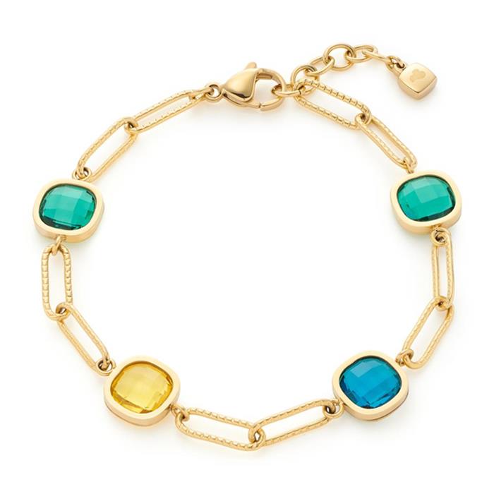 Pulsera juna de acero inoxidable para mujer, oro IP, piedras de cristal