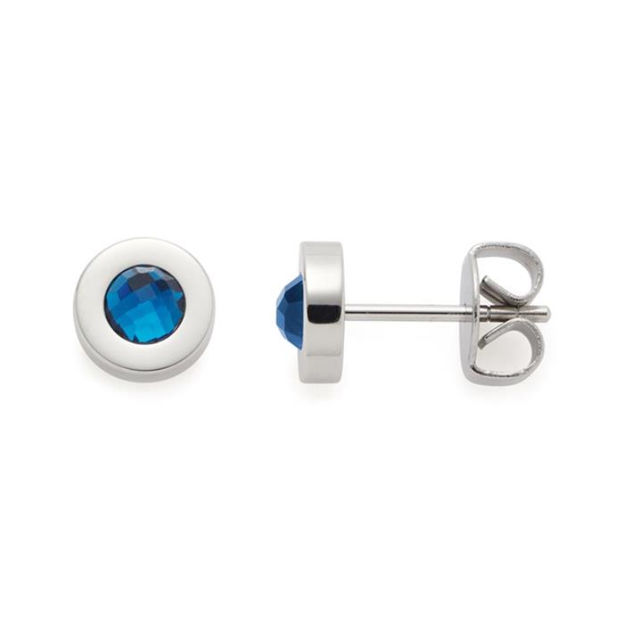 Isa ear studs in stainless steel with blue glass stones