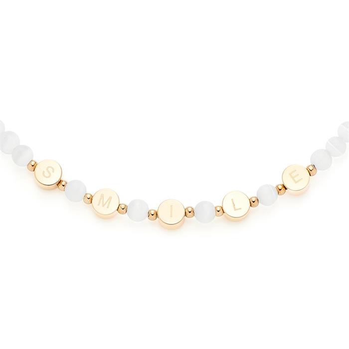 Kette Danica aus weißen Cateye-Perlen, Edelstahl, gold
