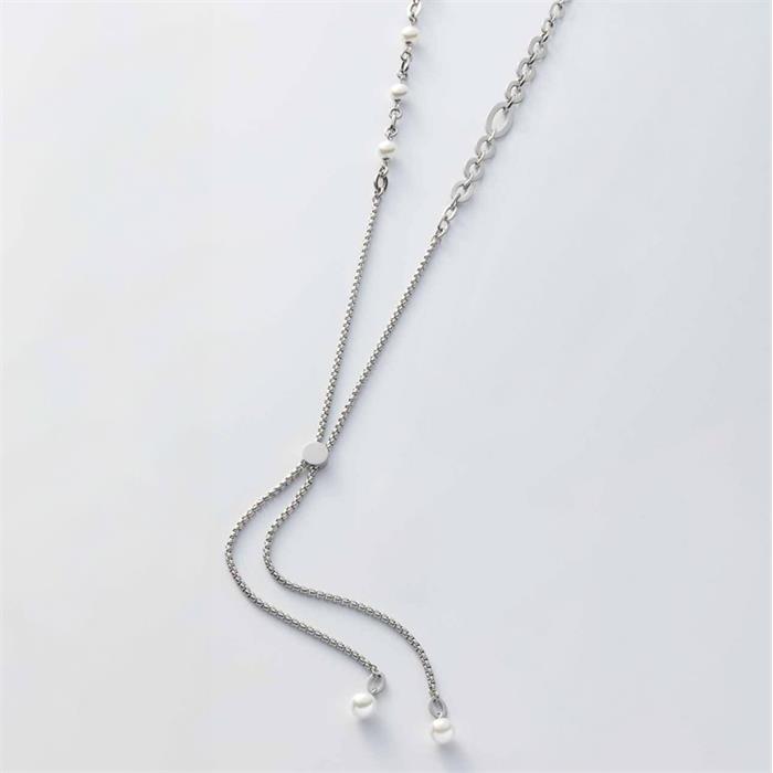 Almina engraved necklace for ladies, stainless steel, synth. pearls