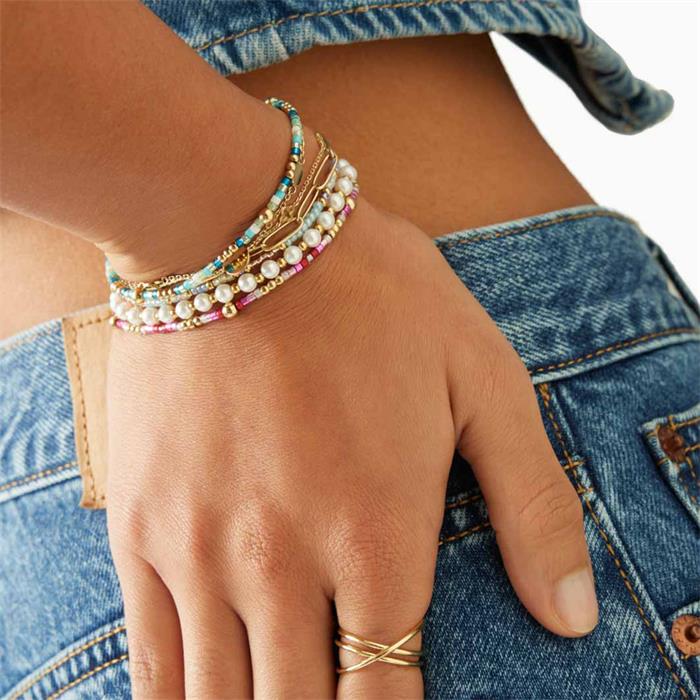 Solea Ciao bracelet, pink glass beads, stainless steel, gold