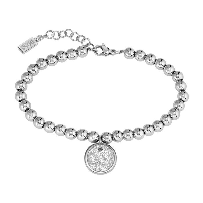 Medallion stainless steel bracelet with engraved pendant, bicolour