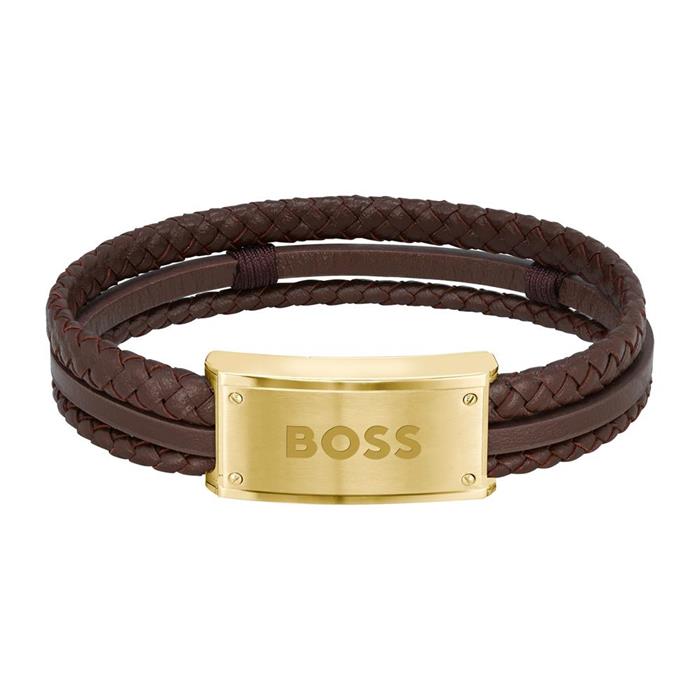 Pulsera de hombre de cuero marrón galen con acero inoxidable, oro