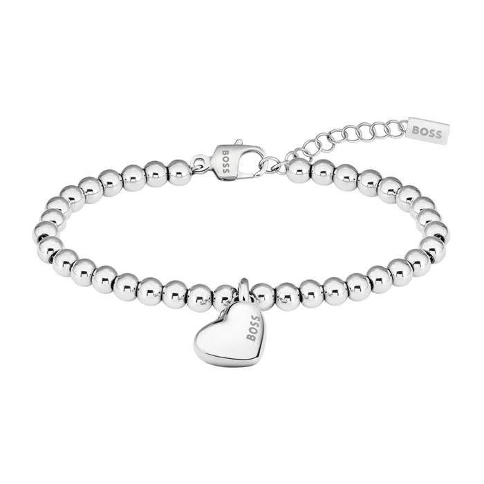 Pulsera de bolas para mujer en acero inoxidable con colgante de corazón