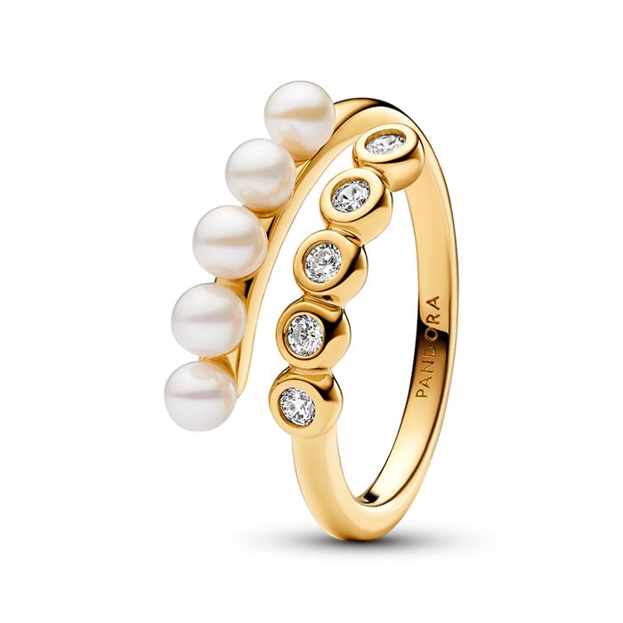 Timeless ladies' ring with pearls, crystals, IP gold