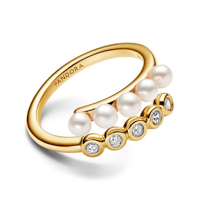 Timeless ladies' ring with pearls, crystals, IP gold