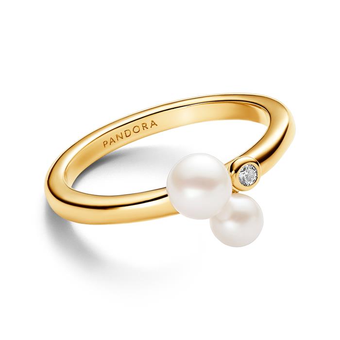 Timeless ring for ladies with pearls, zirconia, IP gold
