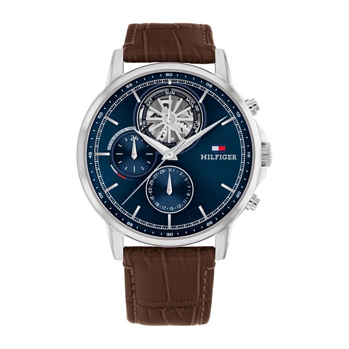 Men's watch with blue dial in stainless steel, leather