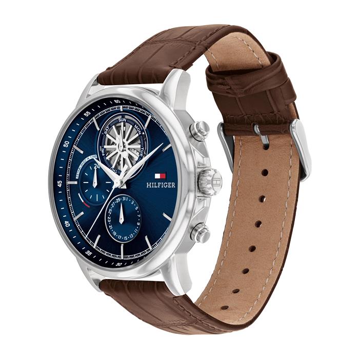 Men's watch with blue dial in stainless steel, leather