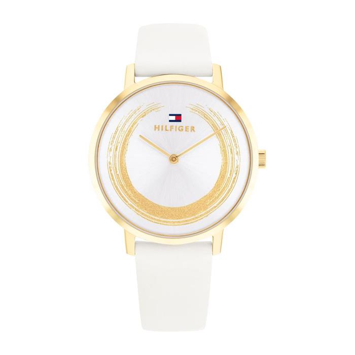 Reloj de mujer de acero inoxidable y cuero blanca, oro IP