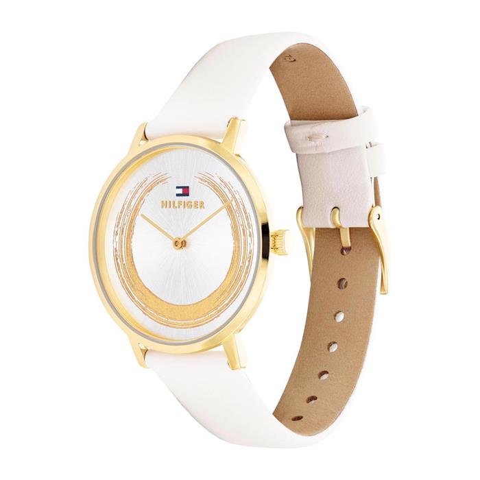 Ladies watch in stainless steel and white leather, IP gold