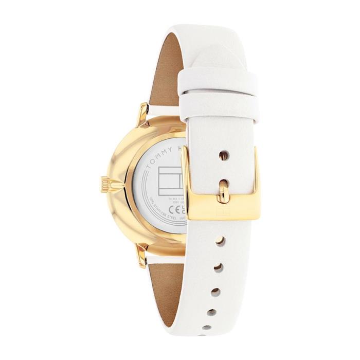 Ladies watch in stainless steel and white leather, IP gold