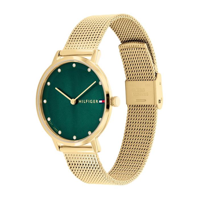 Ladies watch with green dial in stainless steel, IP gold