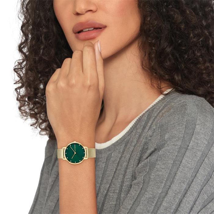 Ladies watch with green dial in stainless steel, IP gold