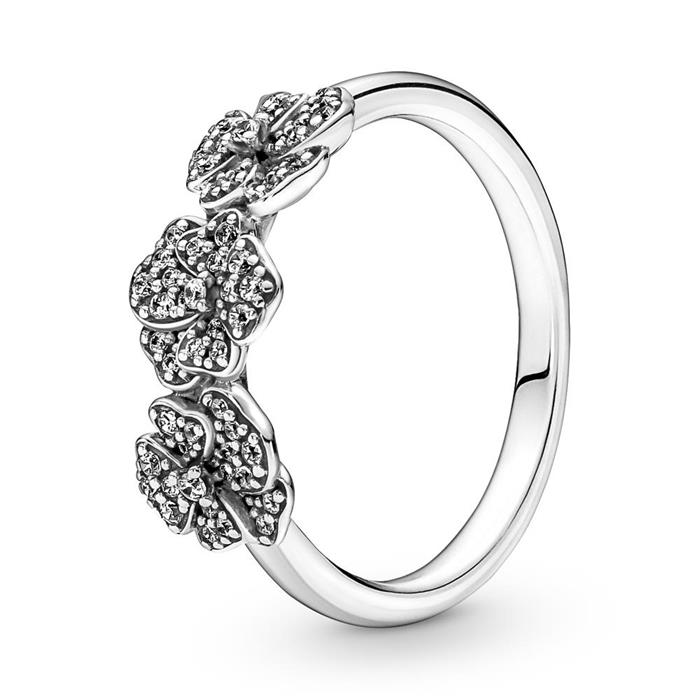 Three pansies ring for ladies, 925 silver, zirconia