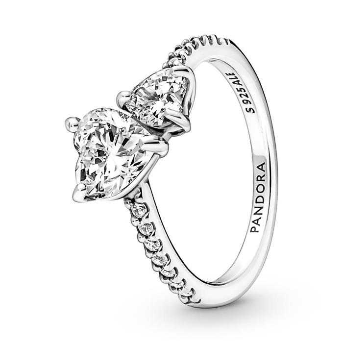 Ladies ring double heart in 925 sterling silver with zirconia