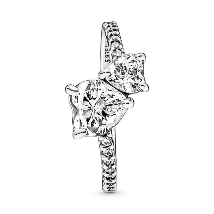 Ladies ring double heart in 925 sterling silver with zirconia