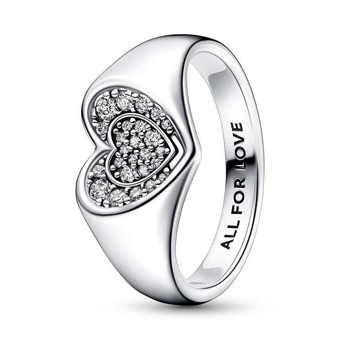 Sterling silver signet ring heart with cubic zirconia