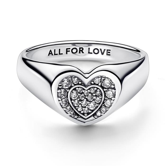 Sterling silver signet ring heart with cubic zirconia