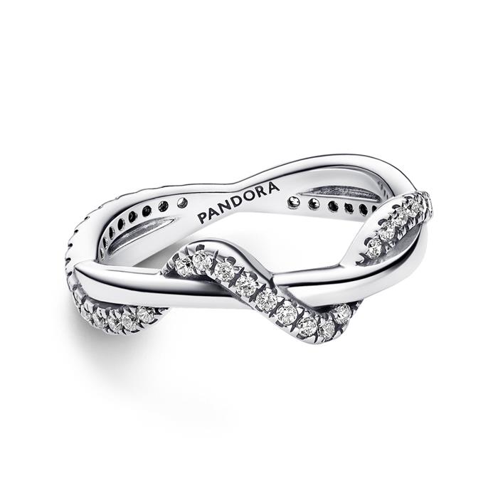 Intertwined waves ring in sterling silver, zirconia