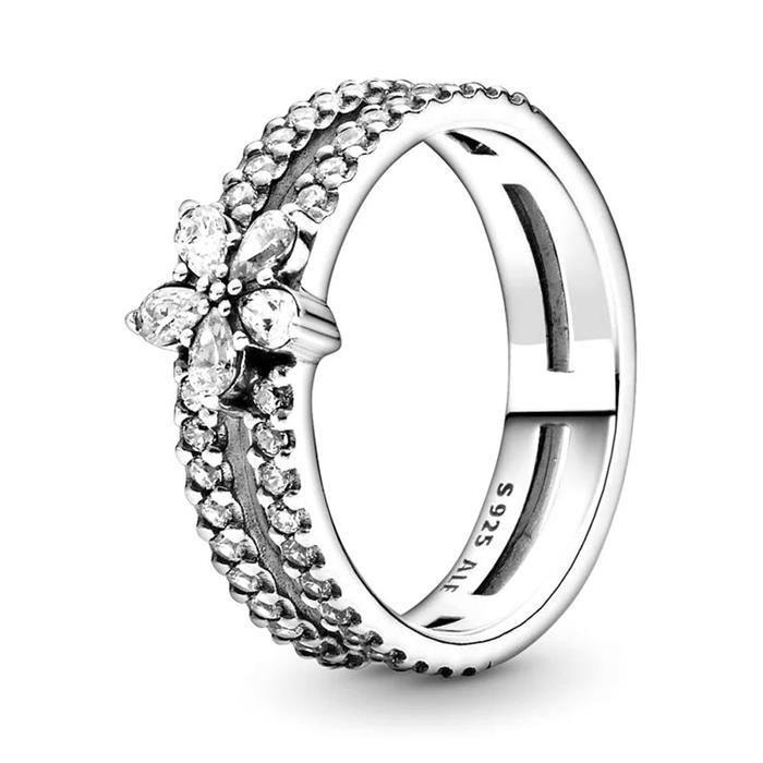 Ladies ring sparkling snowflake in sterling silver