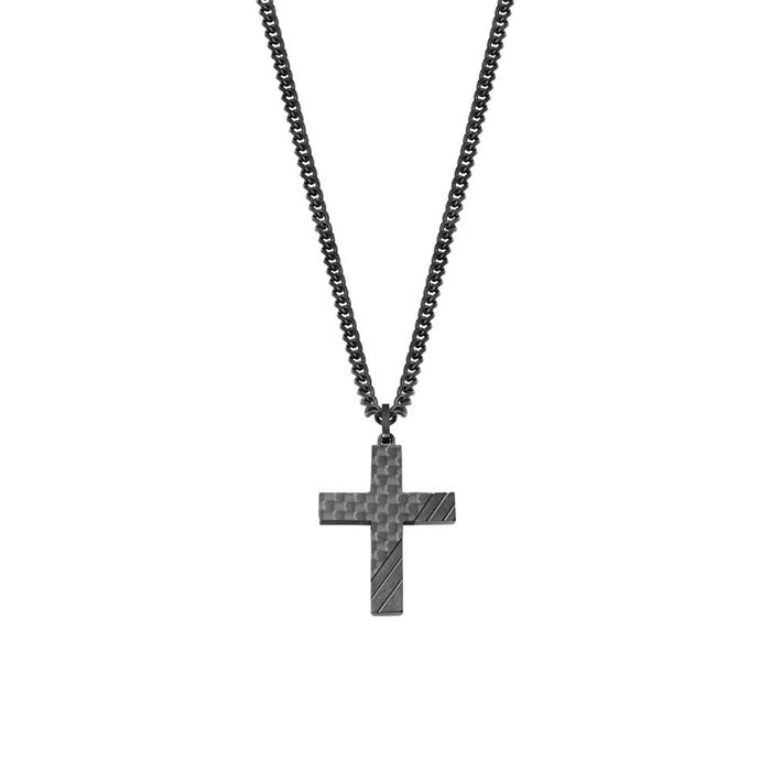 Men's Necklace Cross In Stainless Steel, Black-Coated