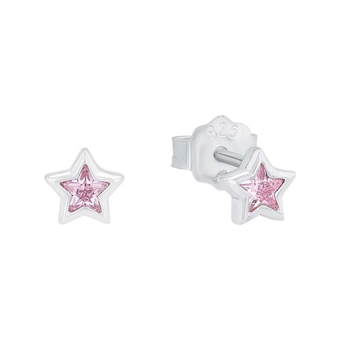Stud earrings sterling silver stars with zirconia, pink