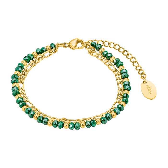 Damenarmband aus Edelstahl mit Glasperlen, gold grün