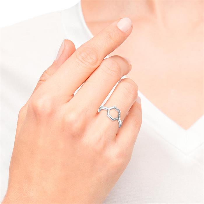 Ladies' Ring Hexagon In 925 Silver With Cubic Zirconia