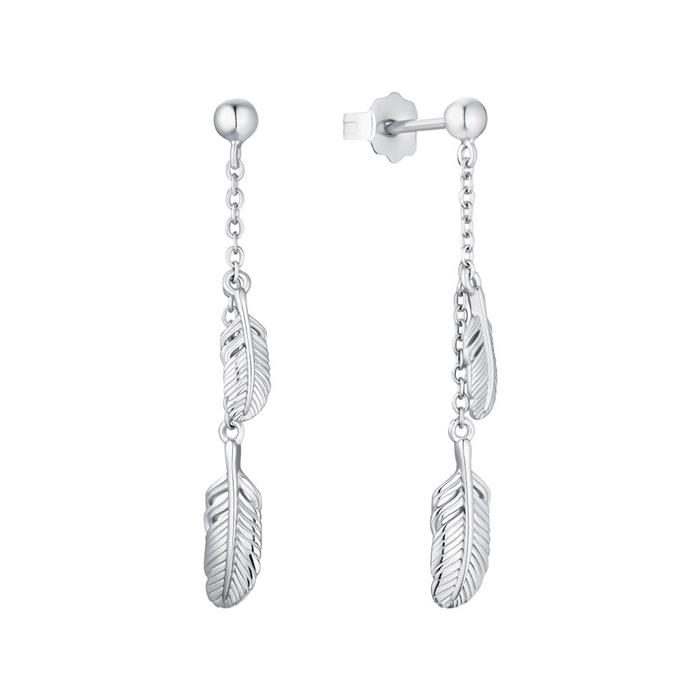 Hanging ear studs with feather motif in 925 silver