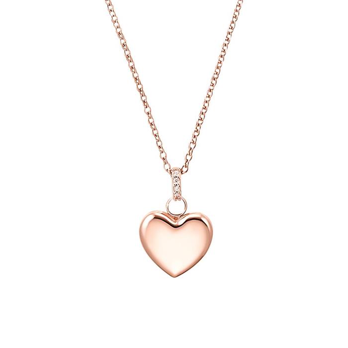Heart engraving necklace with cubic zirconia in 925 silver, IP rosé