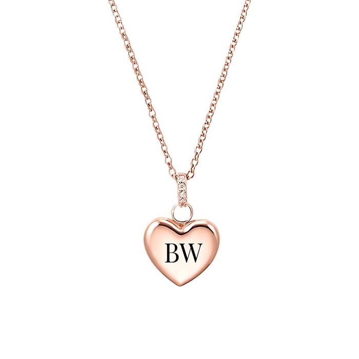 Heart engraving necklace with cubic zirconia in 925 silver, IP rosé