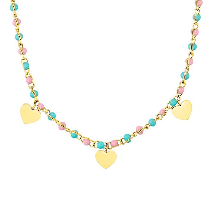 Girls stainless steel necklace with glass beads, heart, IP gold