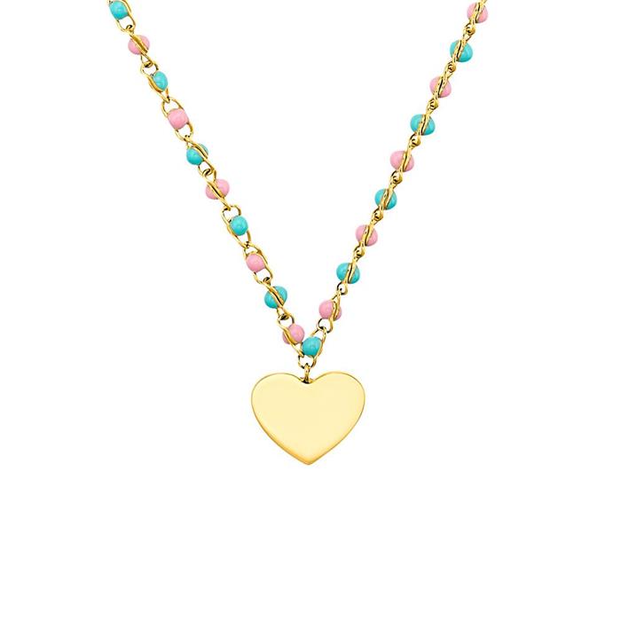 Stainless steel engraved necklace with glass beads, heart, IP gold