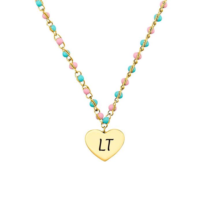 Stainless steel engraved necklace with glass beads, heart, IP gold