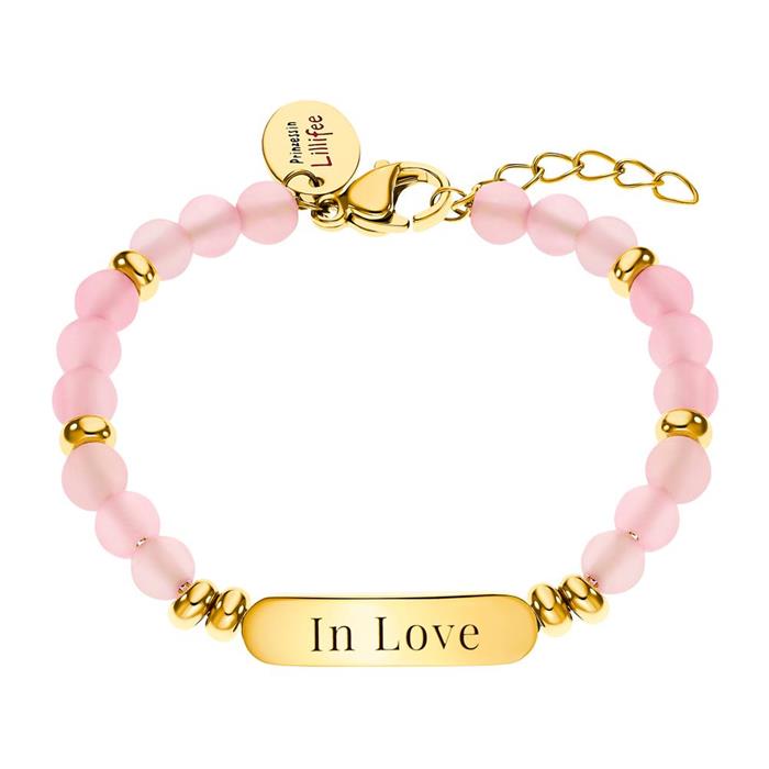 Stainless steel engraved bracelet with pink pearls, IP gold