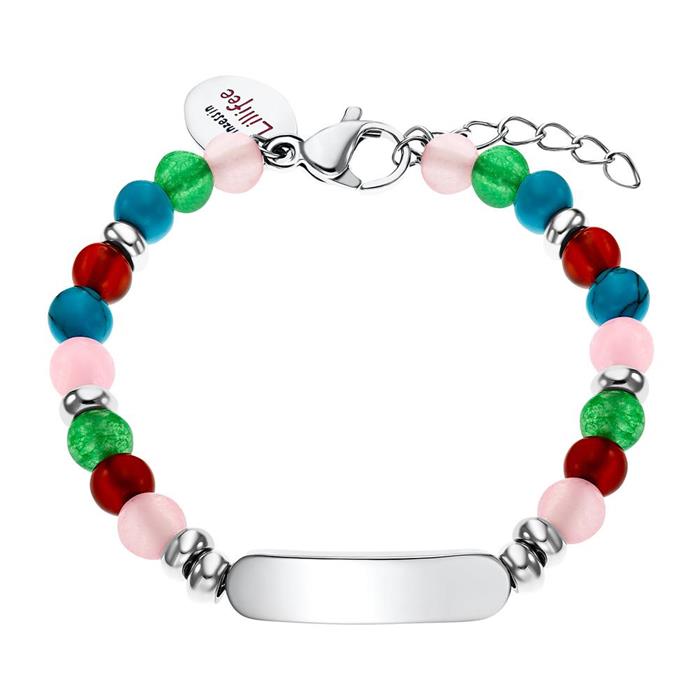 Stainless steel bracelet with coloured quartz beads, engravable