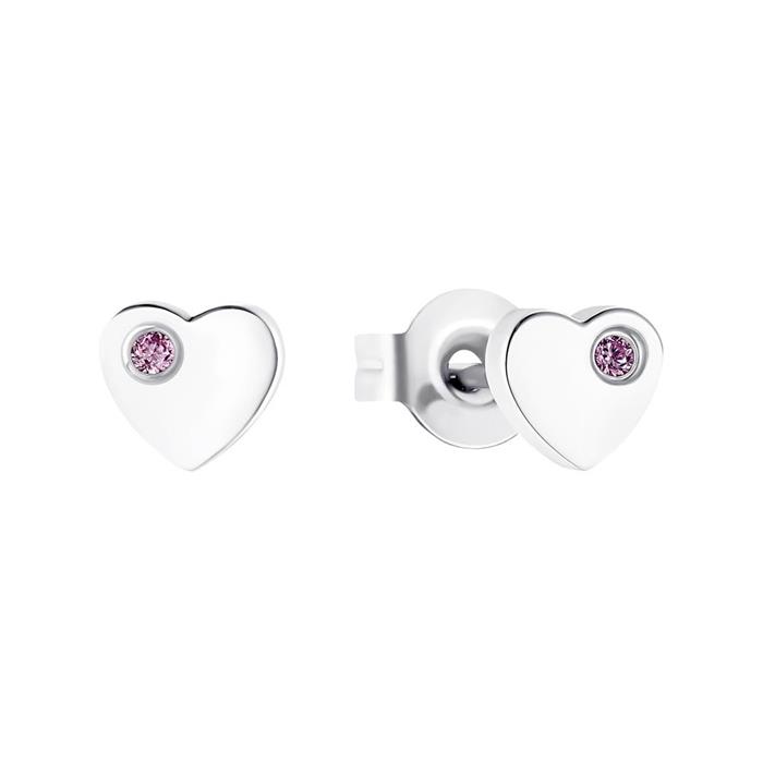Girls' stainless steel heart stud earrings with zirconia