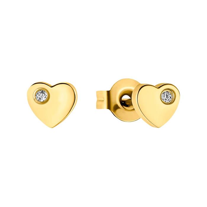 Girls heart ear studs in stainless steel, cubic zirconia, IP gold