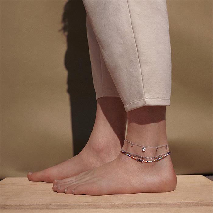 Stainless steel double row anklet with glass beads