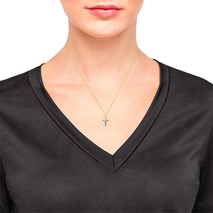 Cross necklace in gold-plated sterling silver with zirconia